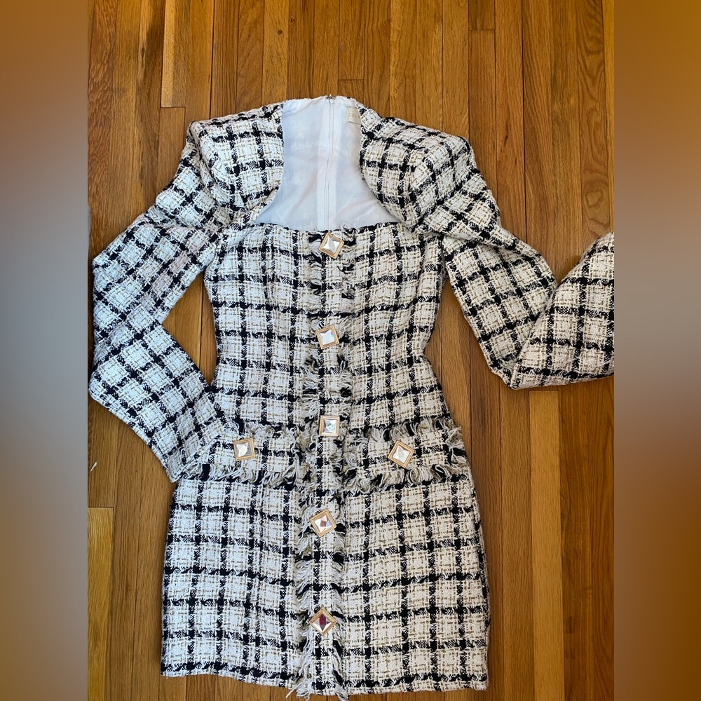 Queen Ann Tweed Plaid Mini Dress - Black and White